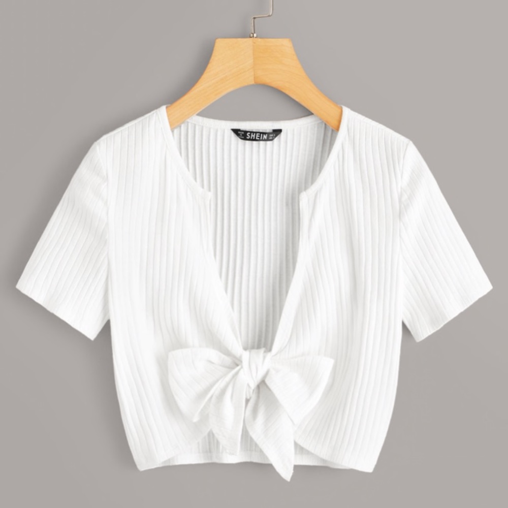 Plunging Neck Tie Front Rib-knit Crop Top
